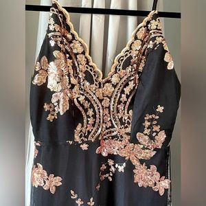 Black Gold Sequins Embroidered Trim Cocktail Evening Homecoming Prom Dress